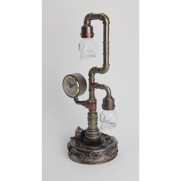 Steampunk Pipework Clock Stand Cordless LED Skull Bulb Copper Accent Desk Light - Picture 2 of 4